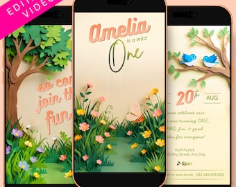 First Birthday Video Invitation | Editable Animated Butterflies, Bees, Birds (Digital Download)