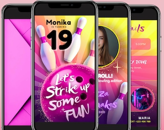 Pink Bowling Birthday Video Invite | Girls Party, Editable Canva Template