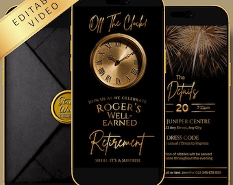 Retirement Video Invitation Editable – Off the Clock Party Invite – Black and Gold Retirement Any Age – Fireworks Clock – Canva Animated
