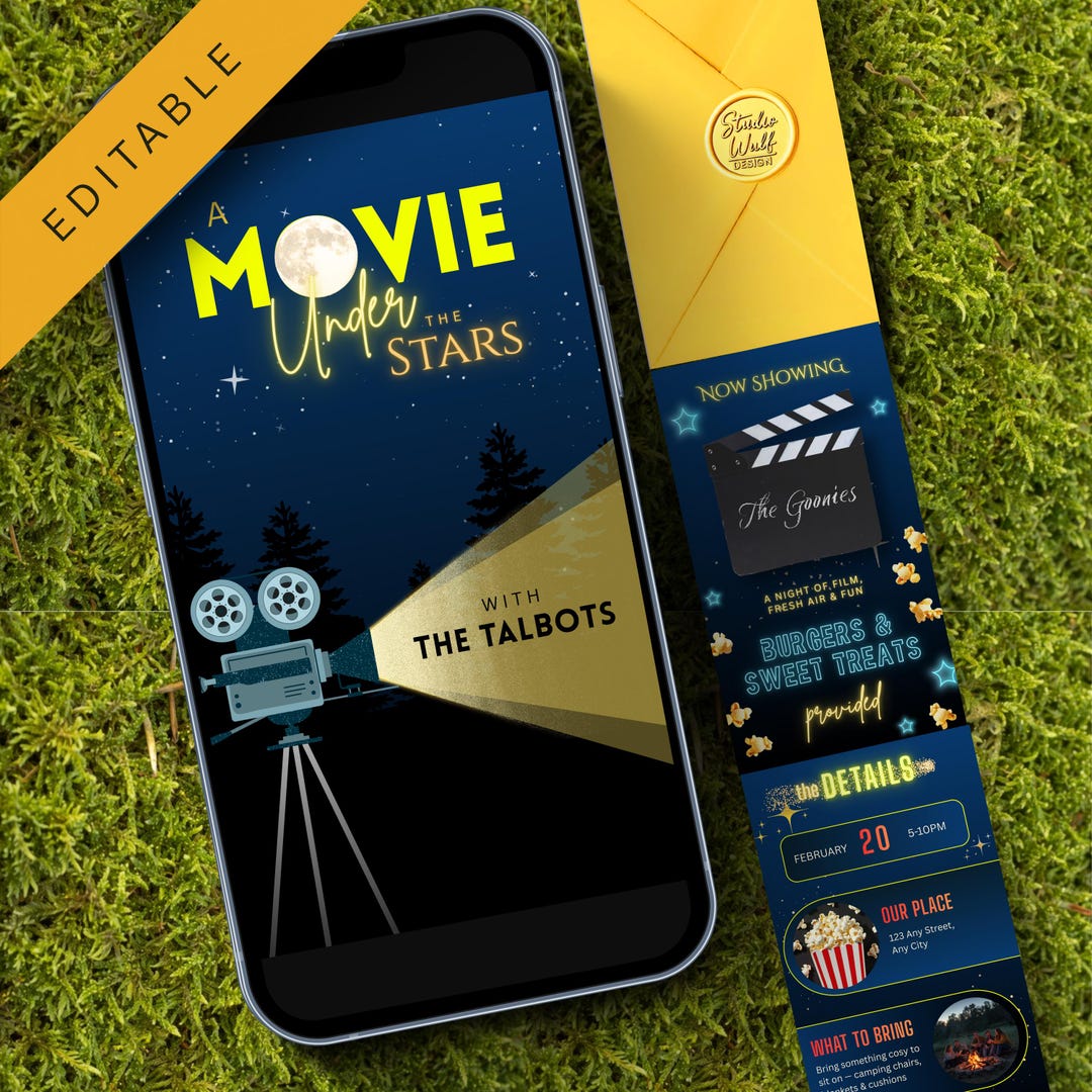Outdoor Movie Night Video Invitation | Backyard Cinema, Editable Canva ...