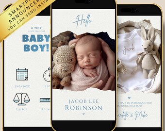 Birth Announcement Video Editable Template – Blue Beige Baby Announcement – Baby Photo Video Reveal – Baby Stats – Canva Template