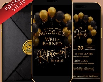 Retirement Party Video Invitation Editable Template – Black and Gold Retirement Invite – Elegant Balloon Arch – Canva Animated