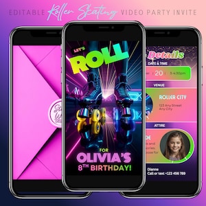 May include: Three smartphones displaying a roller skating party invitation. The center phone shows roller skates with the text "Let's Roll" and "Olivia's 8th Birthday!". The other phones show details and a pink envelope.