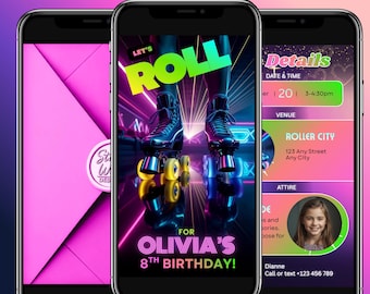 Roller Skating Birthday Invitation, Animated Video Invite, Neon Lights, Glow Party, Editable Canva Template