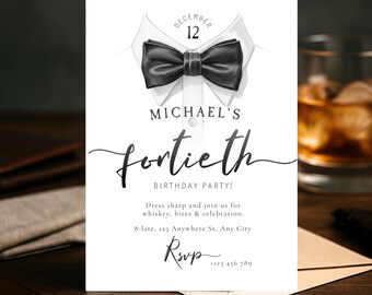 Men's 40th Birthday Invitation | Modern Bow Tie E-vite (Digital Download)