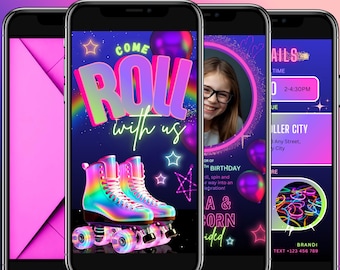 Roller Skating Birthday Video Invitation, ANY AGE, Neon Glow Party (Editable Canva Template)