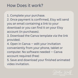 How it works: 1. Purchase, 2. Get link, 3. Open Canva template, 4. Edit, 5. Download video. By Studio Wulf Design.