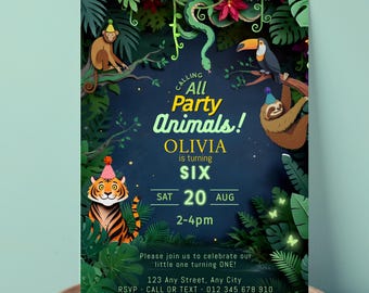 Jungle Birthday Invitation – ANY AGE – Editable Safari Animals Party Template (Digital Download)