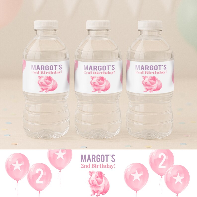 Editable Pet Party Water Bottle Labels | Pink Guinea Pig &amp; Tortoise ...