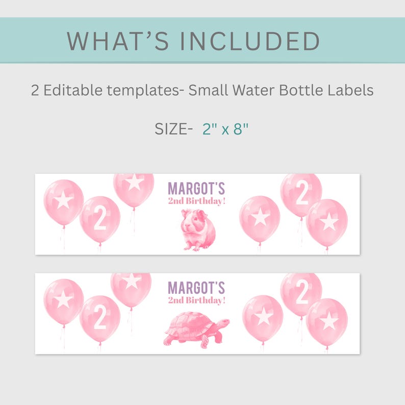Editable Pet Party Water Bottle Labels | Pink Guinea Pig &amp; Tortoise ...