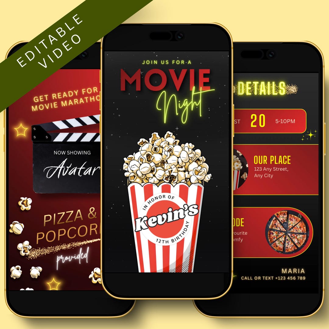 Movie Night Video Invitation Editable Template – Cinema Birthday Invite ...