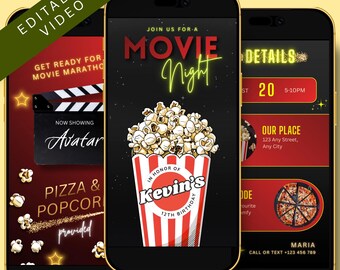 Movie Night Video Invitation Editable Template – Cinema Birthday Invite Any Age – Popcorn & Clapperboard – Canva Animated Invite