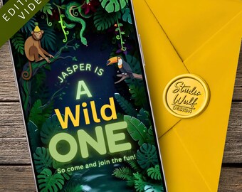 Jungle First Birthday Video Invitation | Animated Safari Animals (Digital Download)