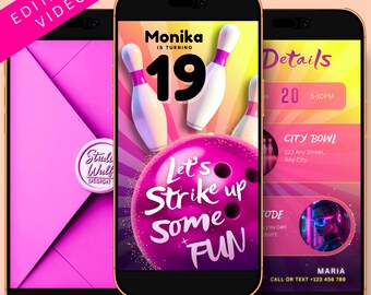 Pink Bowling Birthday Video Invitation | Animated Canva Template (Digital Invite)
