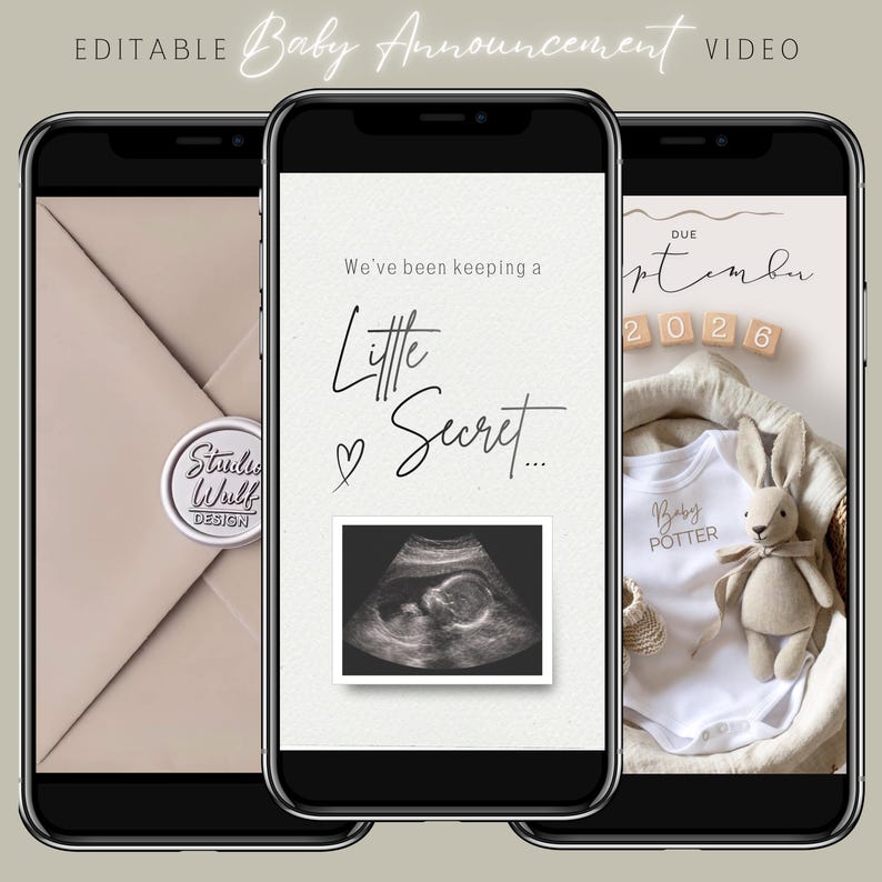 Editable baby announcement video template showing a neutral pregnancy reveal with an ultrasound and due date on smartphone screens.