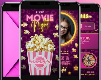 Pink Movie Night Birthday Video Invitation | Editable Canva Template