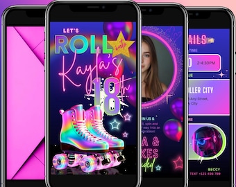 Roller Skating Birthday Video Invitation, ANY AGE, Neon Glow Party (Editable Canva Template)