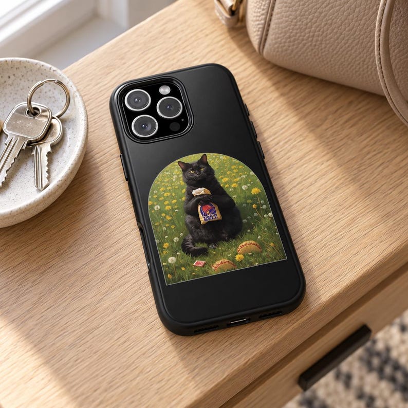 May include: A black smartphone case featuring a circular graphic of a black cat sitting in a field of yellow flowers and green grass, holding a Taco Bell bag. The cat is surrounded by scattered tacos on the ground, with a camera lens cutout at the top.