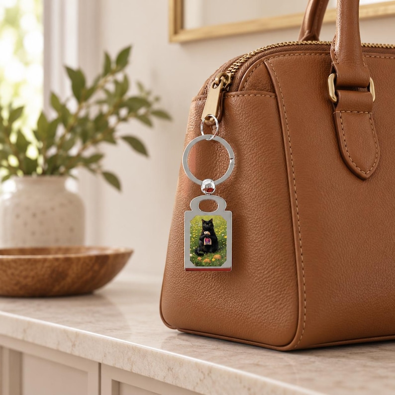 May include: A silver-toned metal keychain featuring a rectangular pendant with a printed image of a black cat sitting in a field of yellow flowers. The keychain is attached to the gold-toned zipper pull of a brown leather handbag.