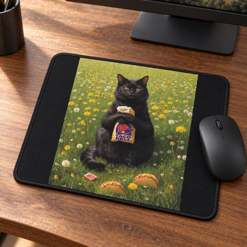 May include: A rectangular black mouse pad featuring a printed image of a black cat sitting in a field of yellow dandelions and white flowers. The cat is holding a paper Taco Bell bag, with two taco shells resting on the grass in front of it.