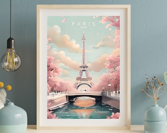 Paris Eiffel Tower Poster | Matte Vertical Travel Art, Pink Cherry Blossom Print | Gift