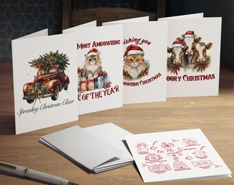 Vintage Truck, Cat & Farm Animal Christmas Cards 5-Pack | Holiday Greeting Cards