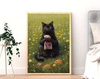 Black Cat Taco Bell Wall Art Gift, Funny Cat Poster, Taco Cat Phone Case, Mug, Sticker, Kindle Case, Mouse Pad, Keychain, Blanket
