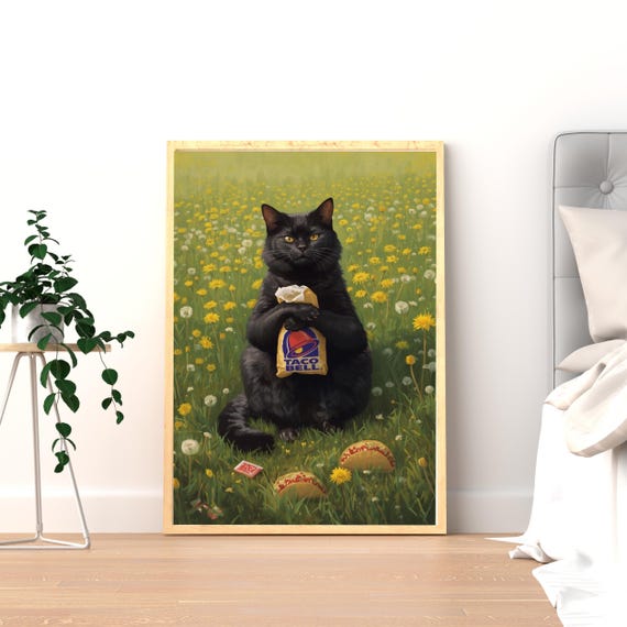 Black Cat Taco Bell Wall Art Gift, Funny Cat Poster, Taco Cat Phone Case, Mug, Sticker, Kindle Case, Mouse Pad, Keychain, Blanket