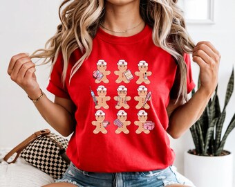 Gingerbread Nurse Characters T-Shirt | Cute Christmas Cookie Illustration | Gift