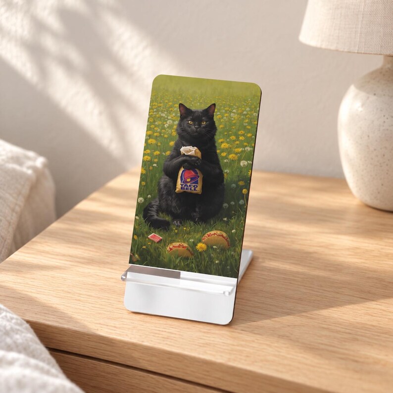 May include: A rectangular phone stand featuring a print of a black cat sitting in a field of yellow dandelions. The cat holds a Taco Bell paper bag, and two tacos are visible on the grass near the cat's feet. The stand has a white base.