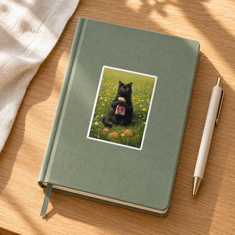 May include: A sage green hardcover notebook featuring a rectangular sticker of a black cat sitting in a field of yellow flowers, holding a small paper bag with a purple logo, with two tacos placed on the grass in front of the cat.
