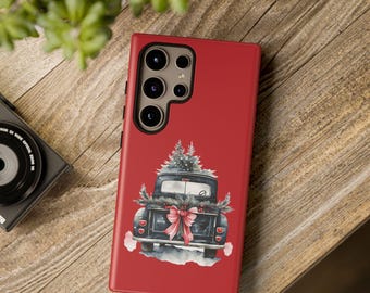 Vintage Christmas Truck phone case | holiday tree, red bow | Gift
