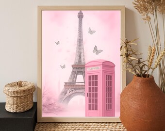 Pink Eiffel Tower with Pink Phone Booth Poster | Matte Vertical Poster | Wall Art Gift | Home Decor