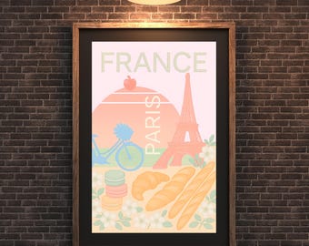 Paris France travel poster Matte Vertical Poster | Eiffel Tower, croissant, macarons | Gift