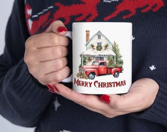 Vintage Red Truck Christmas Mug | Ceramic Coffee Cup 11oz 15oz | Gift