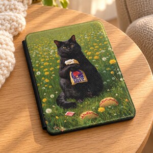 May include: A rectangular e-reader case featuring a black cat sitting in a field of green grass and yellow dandelions. The cat is holding a Taco Bell paper bag, and two tacos are visible on the ground near the cat in the grassy field.