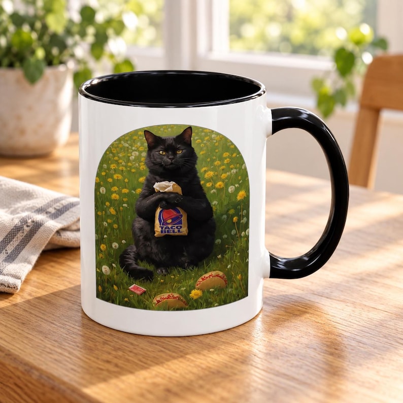 May include: A white ceramic mug with a black interior and handle, featuring a graphic of a black cat sitting in a field of yellow dandelions. The cat is holding a brown paper Taco Bell bag, with two tacos resting on the grass in front of it.