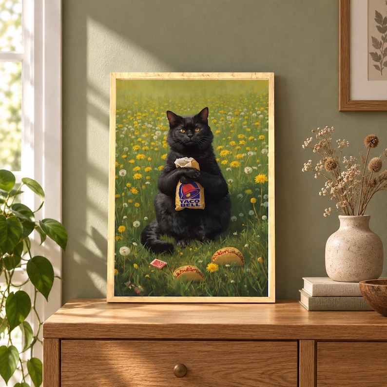 May include: A framed wall art print featuring a black cat sitting in a field of yellow dandelions and green grass. The cat is holding a paper bag with the Taco Bell logo printed on it. Two tacos are visible on the ground in front of the cat.