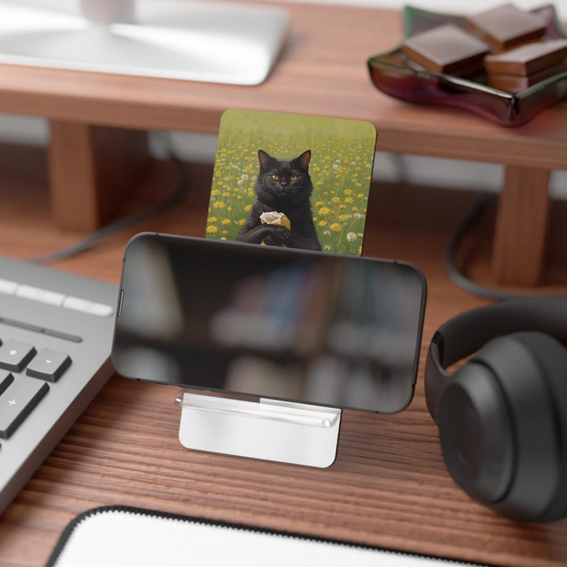 May include: A silver-colored metal phone stand featuring a rectangular back panel with a printed image of a black cat sitting in a field of yellow flowers. The stand holds a black smartphone horizontally, displaying a reflective screen surface.
