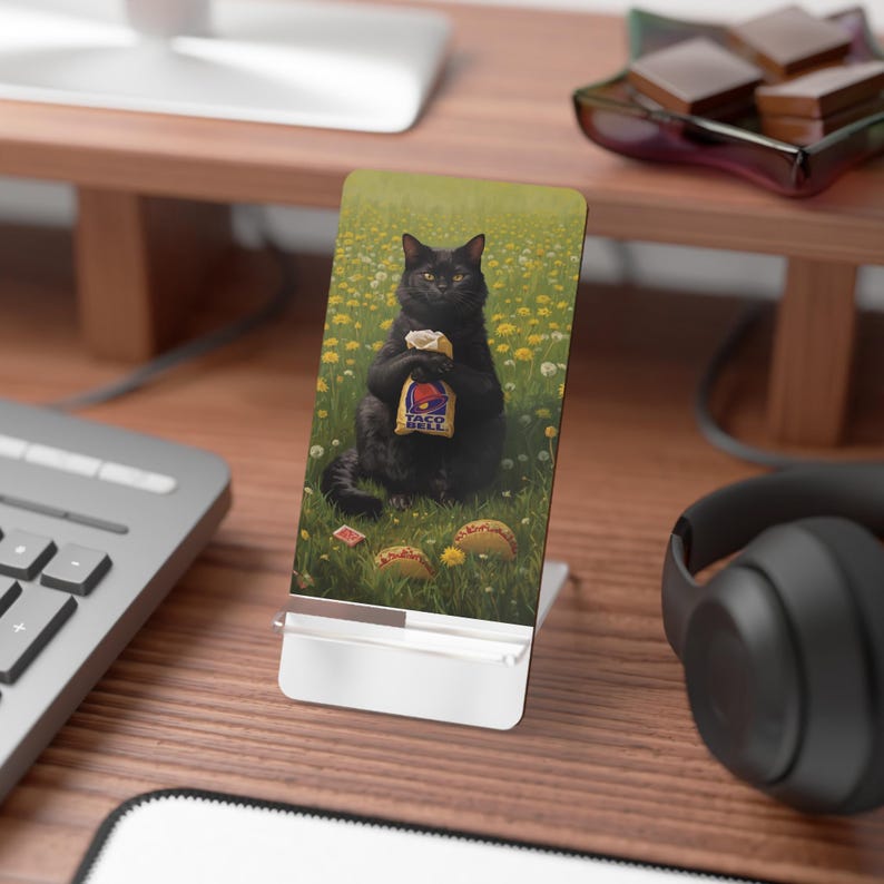 May include: A rectangular phone stand featuring a printed image of a black cat sitting in a field of yellow flowers and green grass. The cat is holding a Taco Bell paper bag, and two tacos are visible on the ground near the cat's feet.