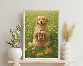 Funny Dog Taco Bell Poster, Golden Retriever Wall Art, Dandelion Field Print, Whimsical Dog Painting, Kitchen Decor, Pet Lover Gift