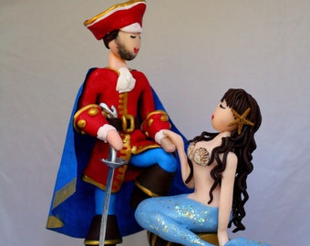 Mermaid and Pirate Wedding Cake Topper CUSTOMIZED to your features Hand Sculpted in Clay