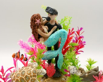 Mermaid and Scuba Diver Wedding Cake topper customized to your features Hand Sculpted in Clay