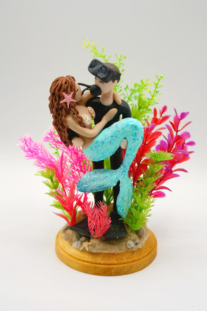 Mermaid and Scuba Diver Wedding Cake Topper CUSTOMIZED to your features image 1