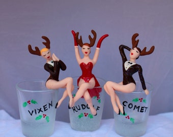 Classy Reindeer on Shot glasses Hand Sculpted in Clay