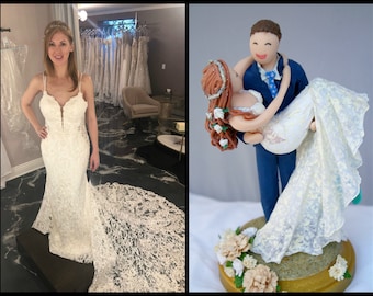 Mermaid in wedding dress and Groom Wedding Cake Topper customized to your features Hand Sculpted in Clay