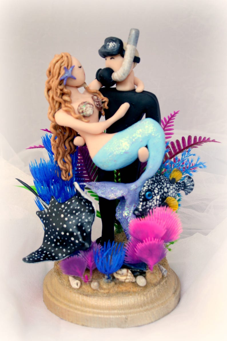 Mermaid and Scuba Diver Wedding Cake Topper CUSTOMIZED to your features image 3