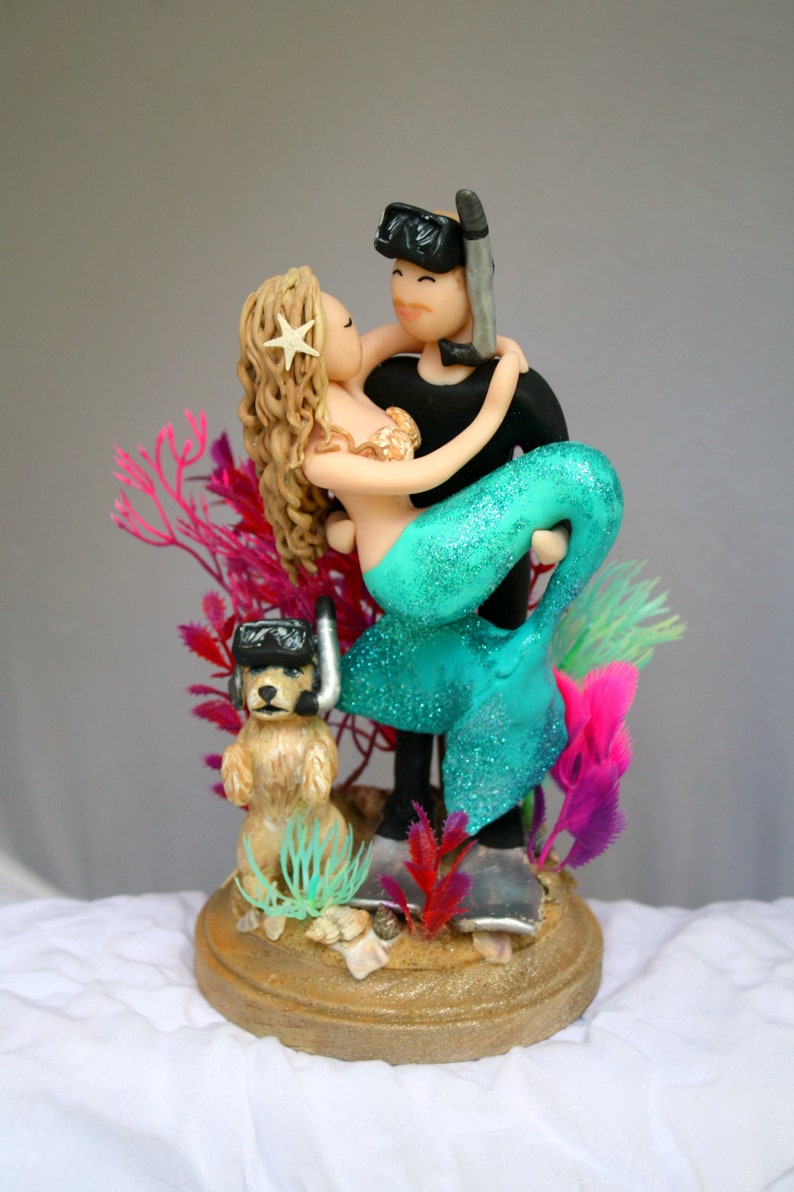 Mermaid and Scuba Diver Wedding Cake Topper CUSTOMIZED to your features image 7