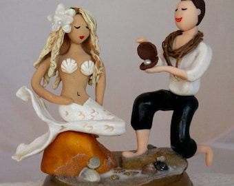 Mermaid and Prince Wedding Cake Topper CUSTOMIZED to your features Hand Sculpted in Clay