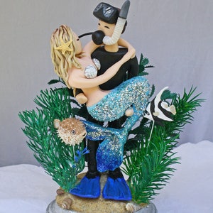 Mermaid and Scuba Diver Wedding Cake Topper CUSTOMIZED to your features image 5